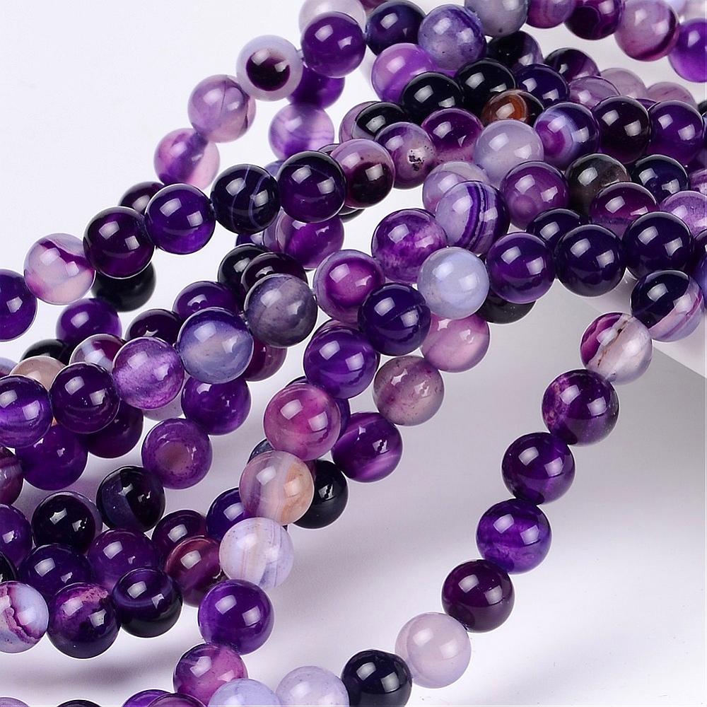 PandaHall Natural Striped Agate/Banded Agate Beads, Dyed, Round, Purple, Size: about 6mm in diameter, hole: 1mm, 63pcs/strand, 15.5" Banded...