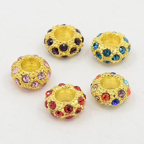 PandaHall Alloy Rhinestone European Beads, Large Hole Beads, Rondelle, Golden Metal Color, Mixed Color, 11x5.5mm, Hole: 5mm Rondelle...
