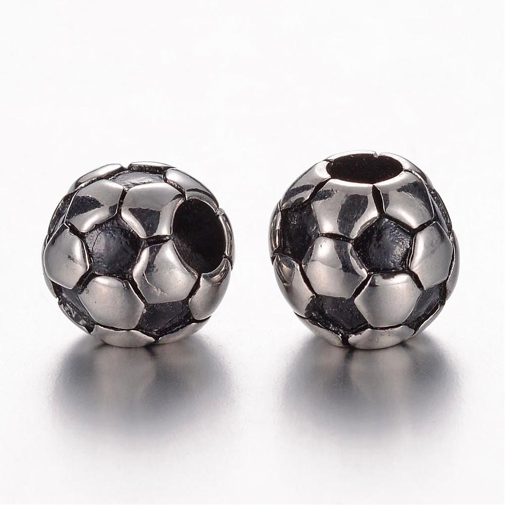 PandaHall 304 Stainless Steel European Beads, Football, Antique Silver, 12.5x12mm, Hole: 5mm Stainless Steel Rondelle