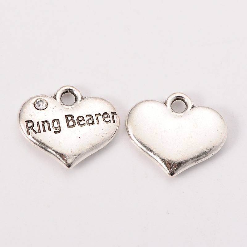 PandaHall Wedding Theme Antique Silver Tone Tibetan Style Heart with Ring Bearer Rhinestone Charms, Crystal, 14x16x3mm, Hole: 2mm Alloy...