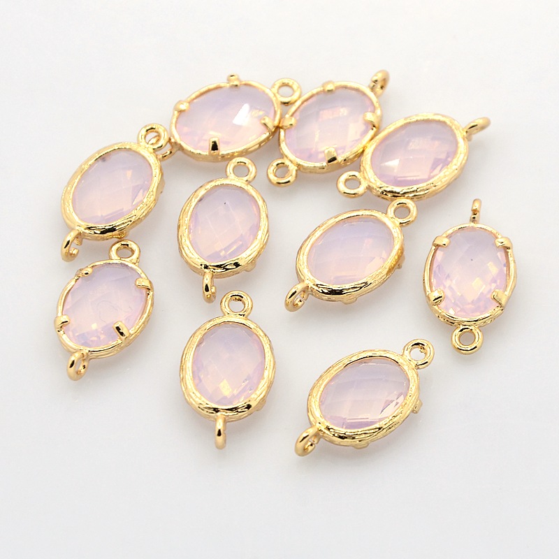 PandaHall Golden Tone Brass Glass Links, Oval, LavenderBlush, 18x10x3mm, Hole: 1mm Glass Oval Pink