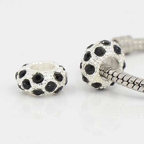 PandaHall Alloy Rhinestone European Beads, Large Hole Beads, Rondelle, Silver Metal Color, Jet, 11x6mm, Hole: 5mm Rondelle Black