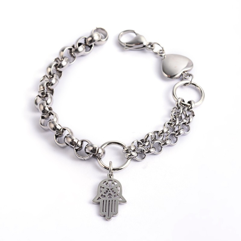 PandaHall 304 Stainless Steel Charm Bracelets, with Heart Links and Lobster Claw Clasps, Hamsa Hand/Hand of Fatima /Hand of Miriam...