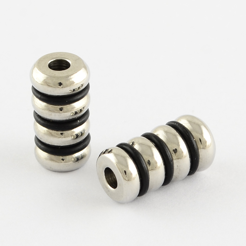 PandaHall Stainless Steel Column Beads, with Black Silicone, Stainless Steel Color, 14x7mm, Hole: 3mm Stainless Steel Column