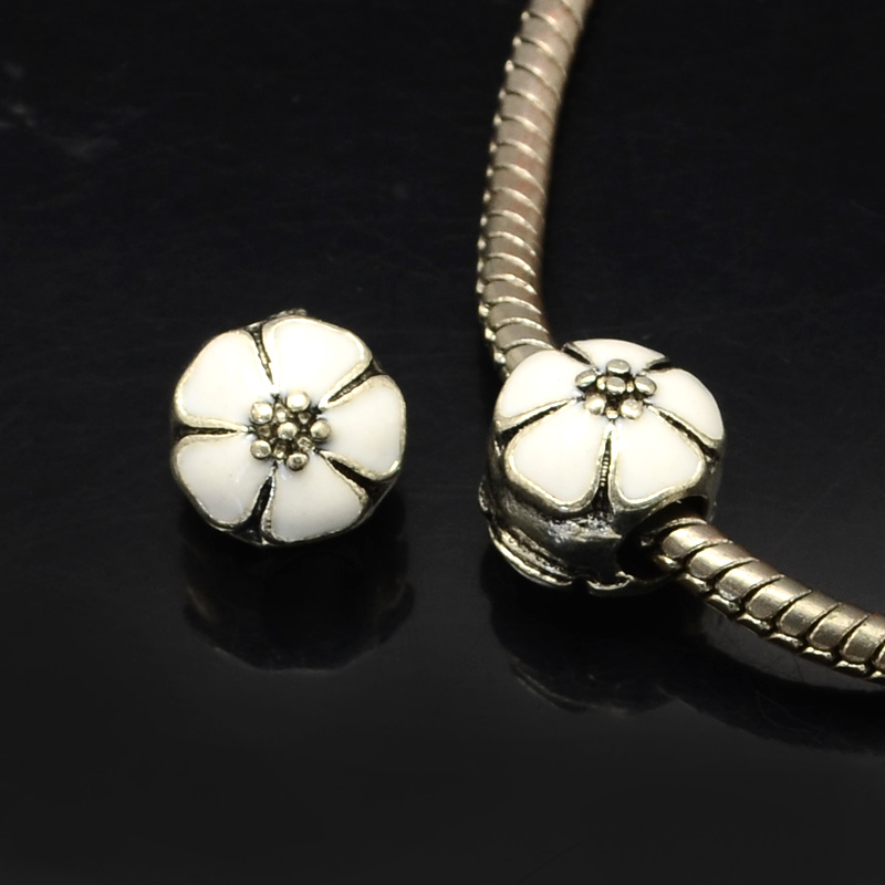 PandaHall Alloy Enamel Flower Large Hole Style European Beads, Antique Silver, White, 10x11mm, Hole: 4mm Alloy+Enamel Flower White