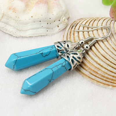PandaHall Pointed Gemstone Earrings, Synthetic Turquoise Earrings, with Brass Earring Hooks, 50x8mm Synthetic Turquoise Blue