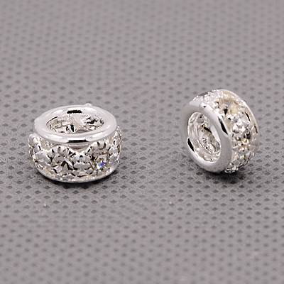 PandaHall Brass Rhinestone European Beads, Large Hole Beads, Grade A, Rondelle, Silver Metal Color, Crystal, 10x5~6mm, Hole: 5mm Rondelle