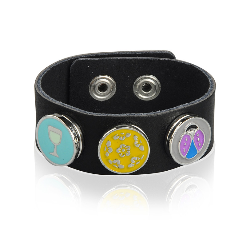 PandaHall Leather Snap Bracelets, with Brass Clasps and Mixed Alloy Clasps, Snap Buttons Bracelets, Blackl, 235x26mm Alloy Black