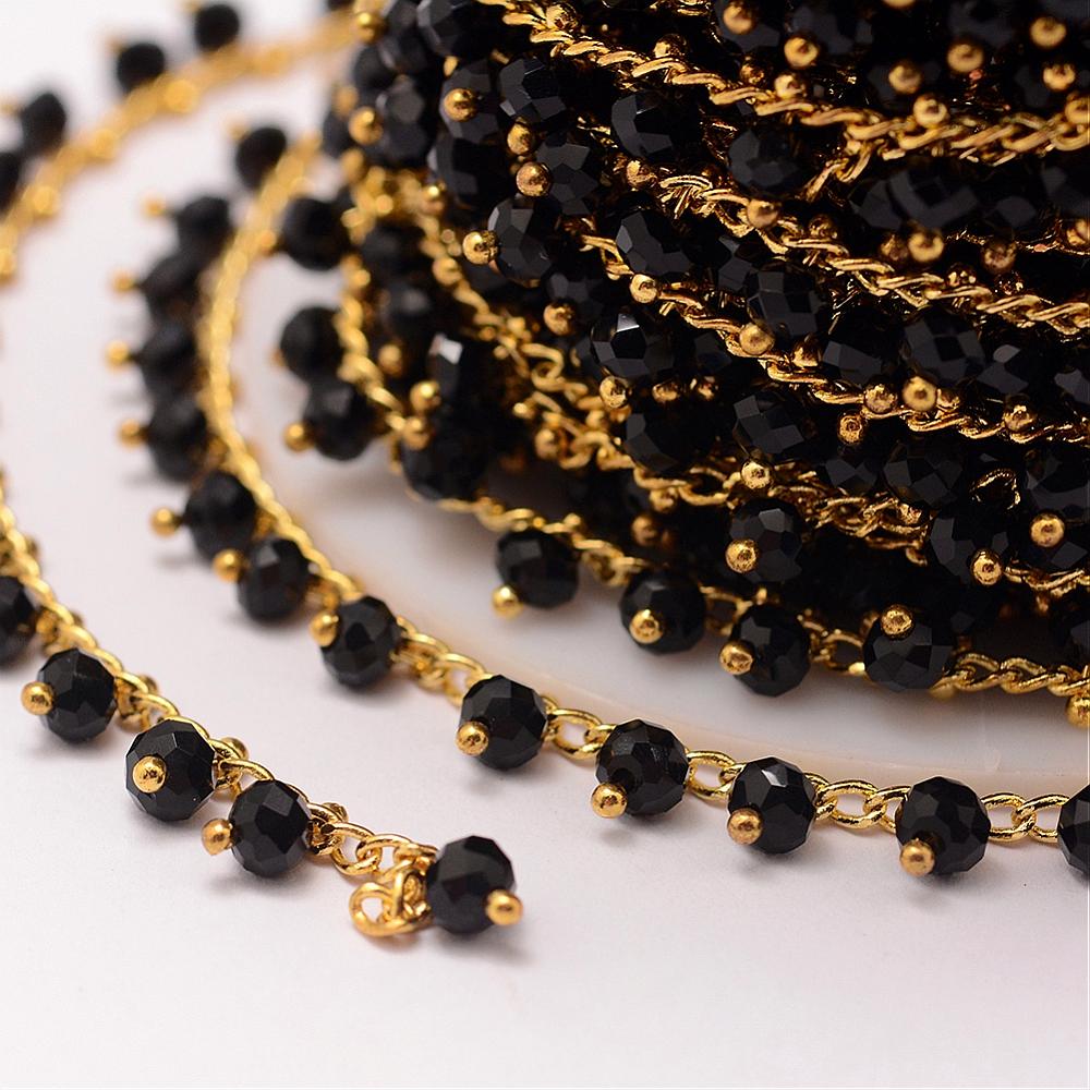 PandaHall Handmade Glass Beaded Chains, with Spool, with Brass Findings, Black, 7x4mm; about 10m/roll Brass+Glass Black
