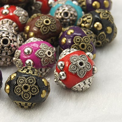 PandaHall Handmade Indonesia Beads, with Alloy Cores, Mixed Color, 15x14mm, Hole: 2mm Polymer Clay Abacus Multicolor
