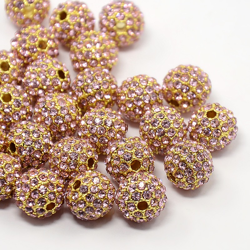 PandaHall Alloy Rhinestone Beads, Grade A, Round, Golden Metal Color, Light Rose, 10mm Alloy+Rhinestone Round