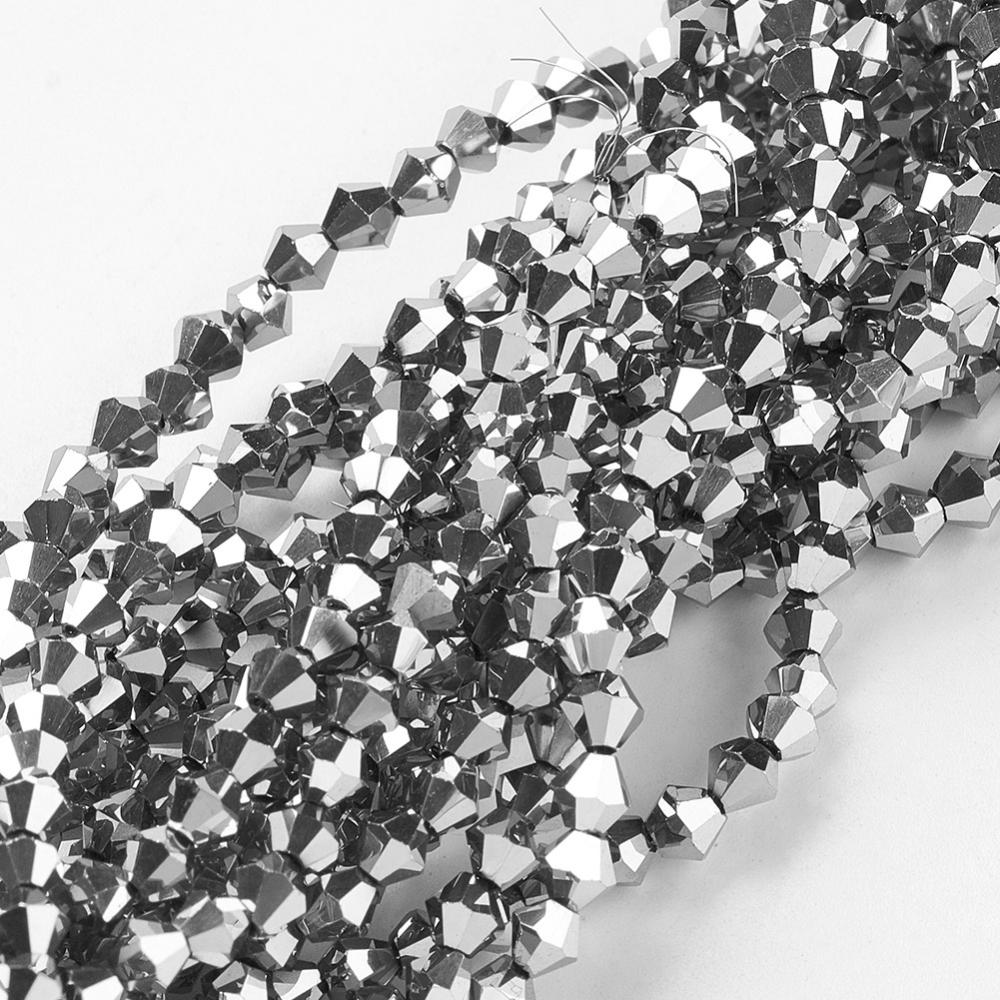 PandaHall Electroplate Glass Beads Strands, Full Plated, Faceted, Bicone, Silver, 3x3mm, Hole: 1mm; about 150pcs/strand, 13.8" Bicone Silver