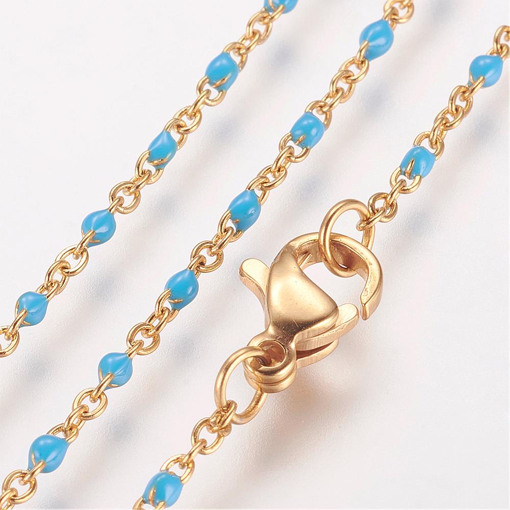 PandaHall 304 Stainless Steel Chain Necklaces, with Enamel Links, Golden, DeepSkyBlue, 17.91"(45.5cm); 1.5~2mm Stainless Steel Blue
