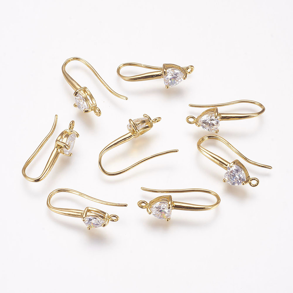 PandaHall Brass Cubic Zirconia Earring Hooks, Real Gold Plated, 22x6.5x4mm, Hole: 1mm; Pin: 0.7mm Brass