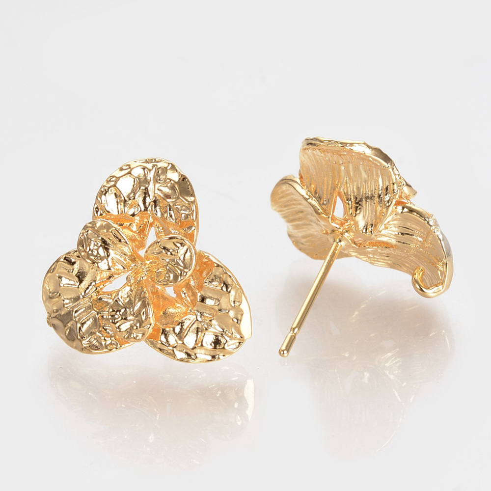 PandaHall Brass Ear Stud Findings, Real Gold Plated, Flower, 16x17mm, Hole: 1mm; pin: 0.5mm Brass