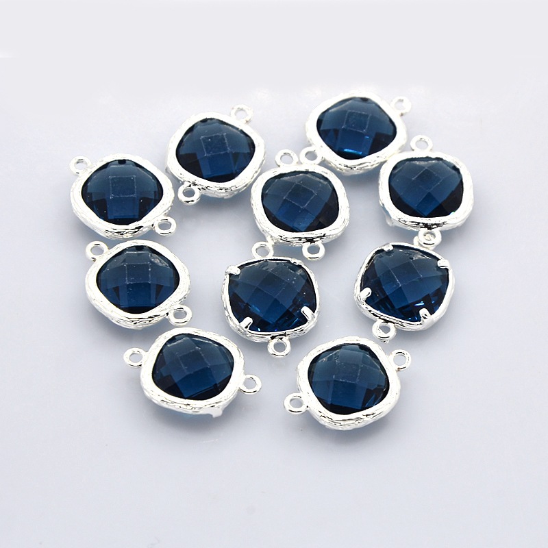 PandaHall Nickel Free Silver Tone Brass Glass Links, Square, MarineBlue, 18x13x5mm, Hole: 1mm Glass Square Silver