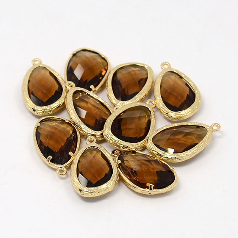 PandaHall Real Gold Plated Brass Glass Pendants, Faceted Drop Charms, Sienna, 22x14x6mm, Hole: 1mm Brass+Glass Drop Brown