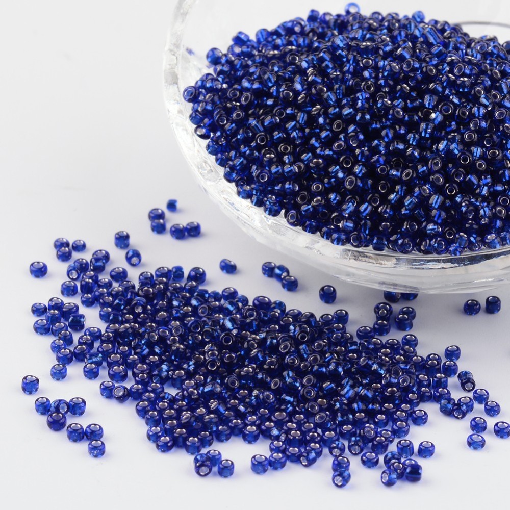 PandaHall 12/0 Glass Seed Beads, Silver Lined Round Hole, Round, Blue, 2mm, Hole: 1mm; about 3306pcs/50g Glass Blue