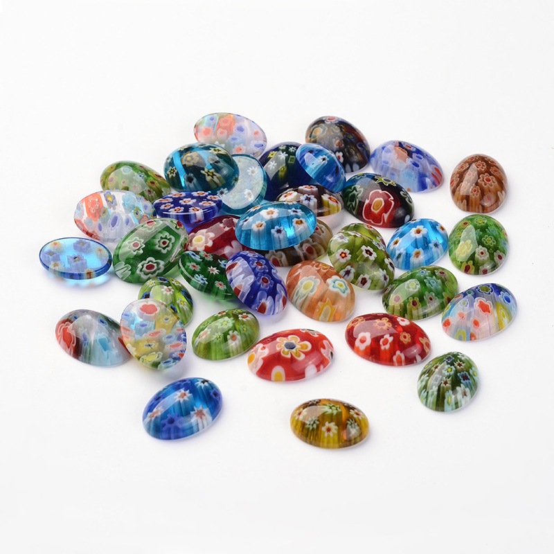 PandaHall Oval Millefiori Glass Cabochons, Mixed Color, 16~18x12~13x4~6mm; about 200g/bag Millefiori Lampwork Oval Multicolor