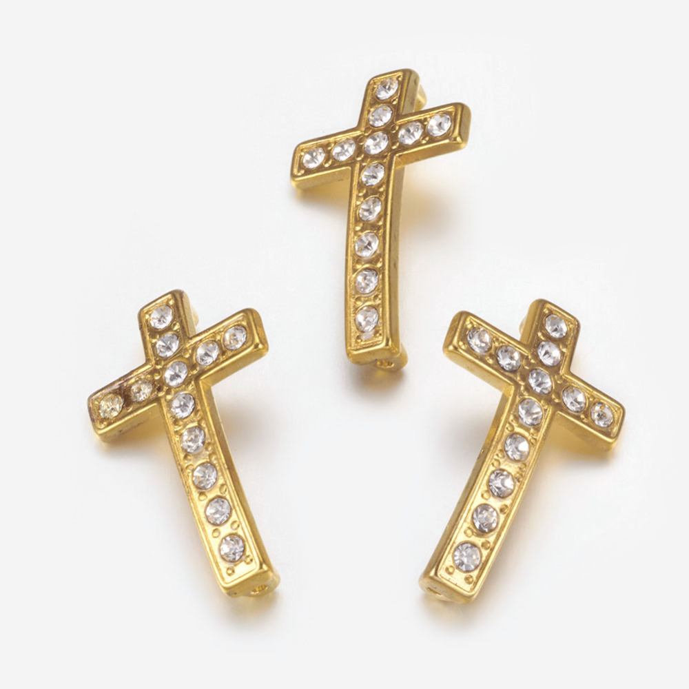 PandaHall Alloy Rhinestone Links, Cross, Golden Color, Size: about 17mm wide, 29mm long, 5.5mm thick, hole: 2mm Alloy+Rhinestone Cross Clear