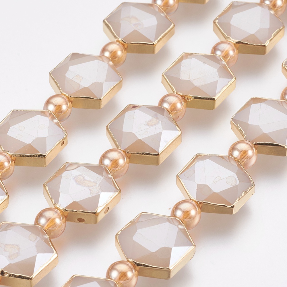 PandaHall Electroplate Glass Beads Strands, Faceted, with Golden Tone Brass Edge, Full Plated, Hexagon & Round, RosyBrown, 15x14~15x7~8mm...