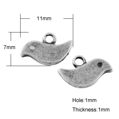 PandaHall Tibetan Style Charms, Lead Free & Nickel Free, Bird, Antique Silver, 7x11x1mm, Hole: 1mm Alloy Bird