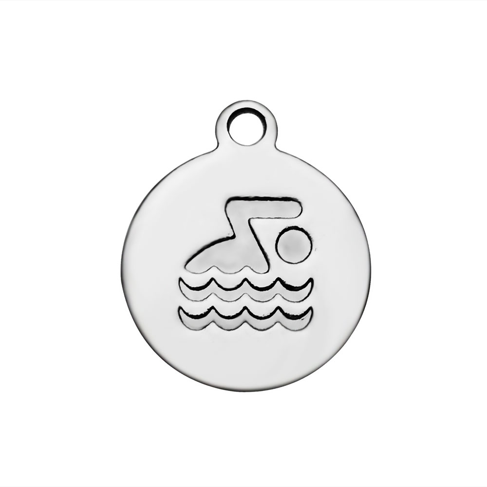 PandaHall 304 Stainless Steel Charms, Flat Round with Swimming Pattern, Stainless Steel Color, 14x12x1.2mm, Hole: 1.5mm Stainless Steel Flat...