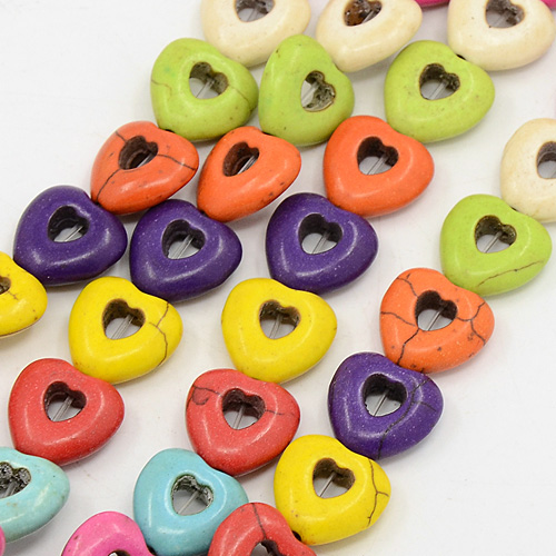 PandaHall Natural Howlite Beads Strands, Dyed, Heart, Mixed Color, 15x15x5mm, Hole: 1mm; about 27pcs/strand, 14.57" Howlite Heart Multicolor