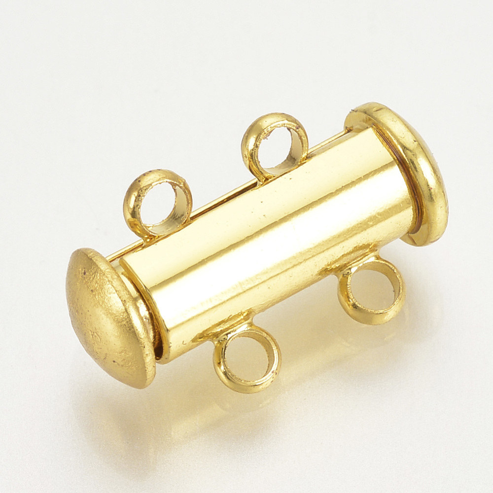 PandaHall Brass Slide Lock Clasps, 2-Strand, 4-Hole, Magnetic, Tube, Golden, 16x10x6mm, Hole: 2mm Brass