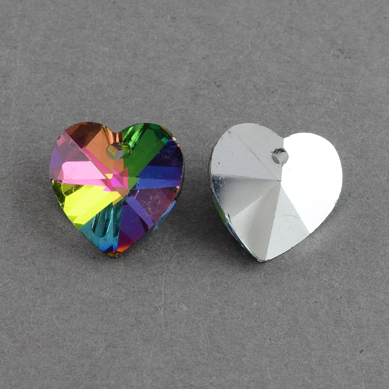 PandaHall Heart Electroplated Glass Pendants, Silver Plated Bottom, Faceted, Colorful, 14x14x8mm, Hole: 1.5mm Glass Heart
