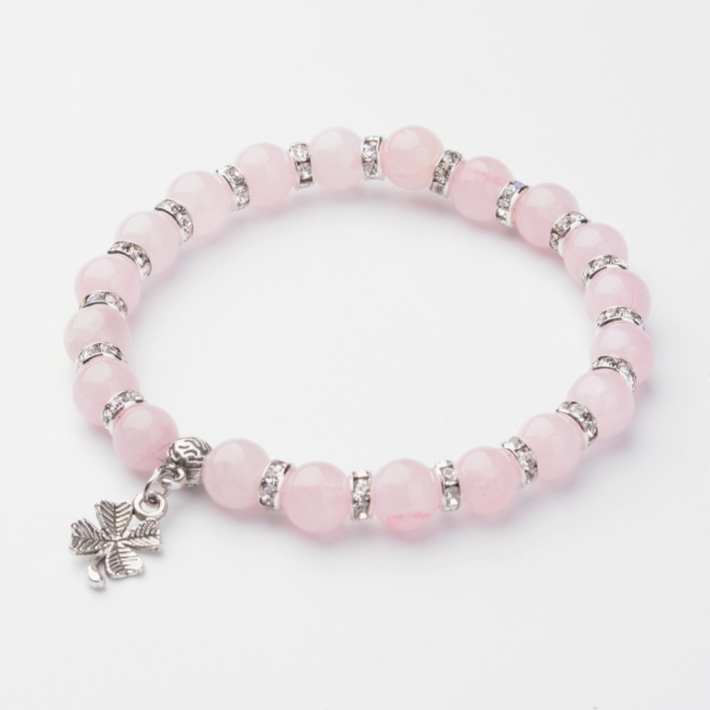 PandaHall Natural Rose Quartz Charm Bracelets, Stretch Bracelets, with Clover Pendants, 57mm(2-1/4") Rose Quartz
