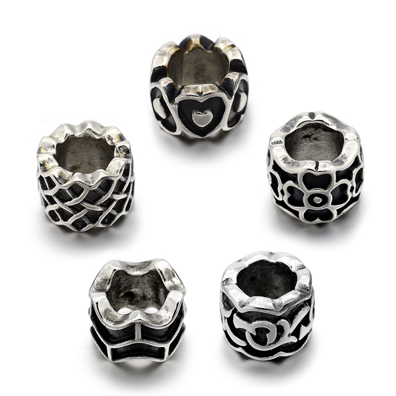 PandaHall Mixed Styles Retro 304 Stainless Steel Big Hole Column Beads, Antique Silver, 8x11mm, Hole: 6mm Stainless Steel Column