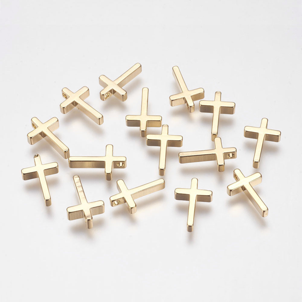 PandaHall Brass Charms, Cross, Real Gold Plated, 13x8x2mm, Hole: 1mm Brass Cross