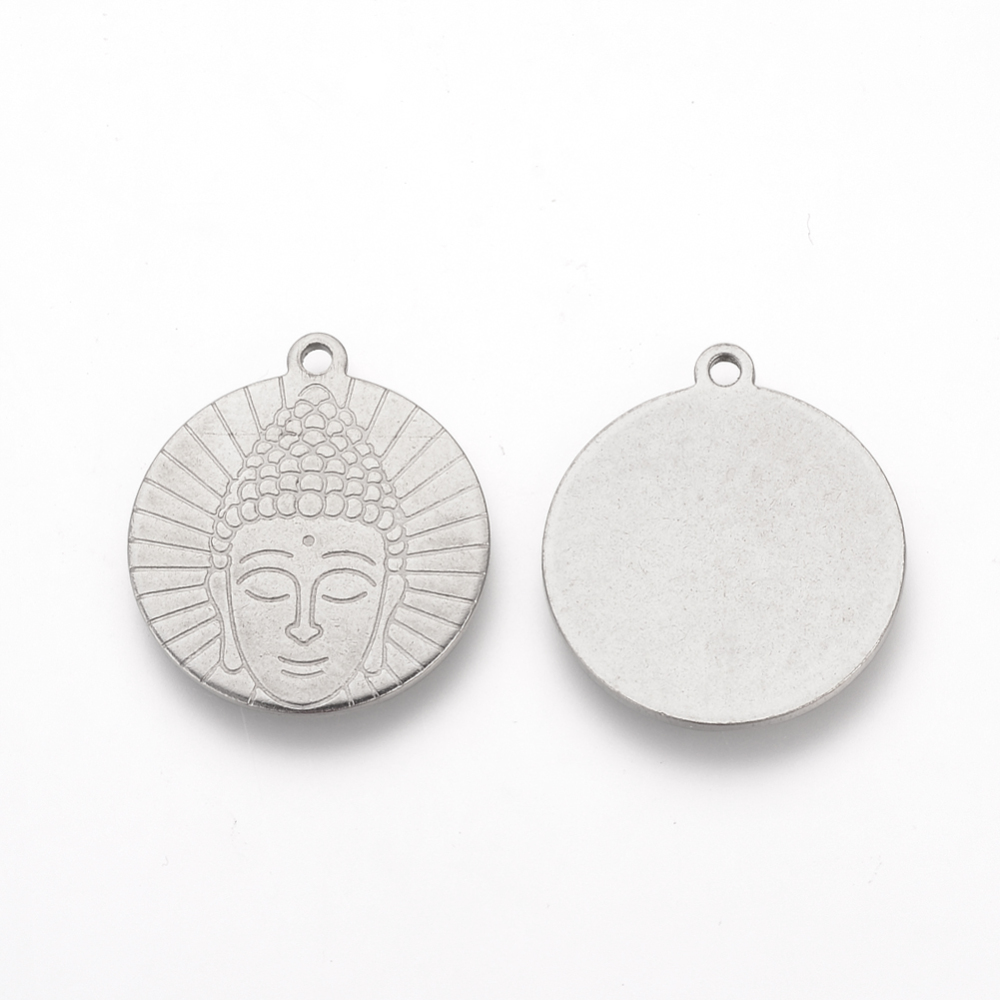PandaHall 304 Stainless Steel Pendants, Flat Round with Buddhist, Stainless Steel Color, 20mm Stainless Steel Flat Round