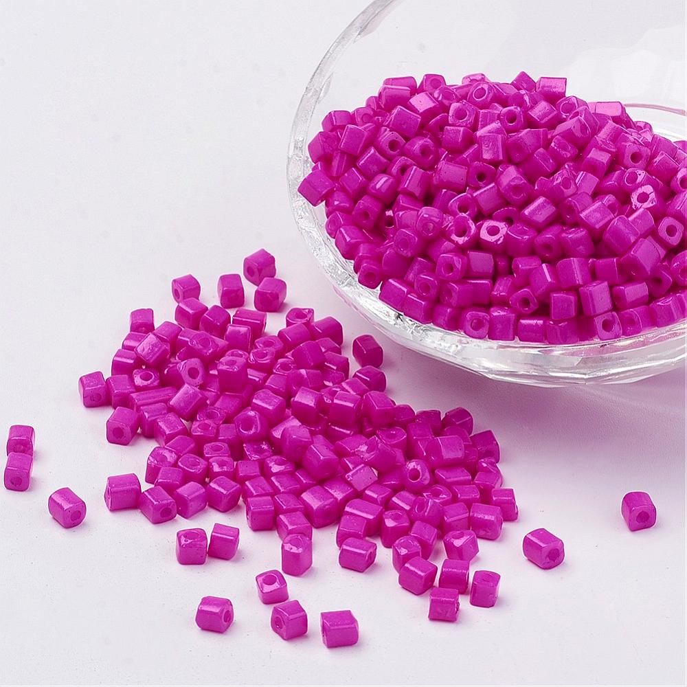 PandaHall Cube Opaque Colours Glass Seed Beads, Round Hole, HotPink, 3~7x3x3mm, Hole: 0.5mm; about 500pcs/50g Glass Cube Pink
