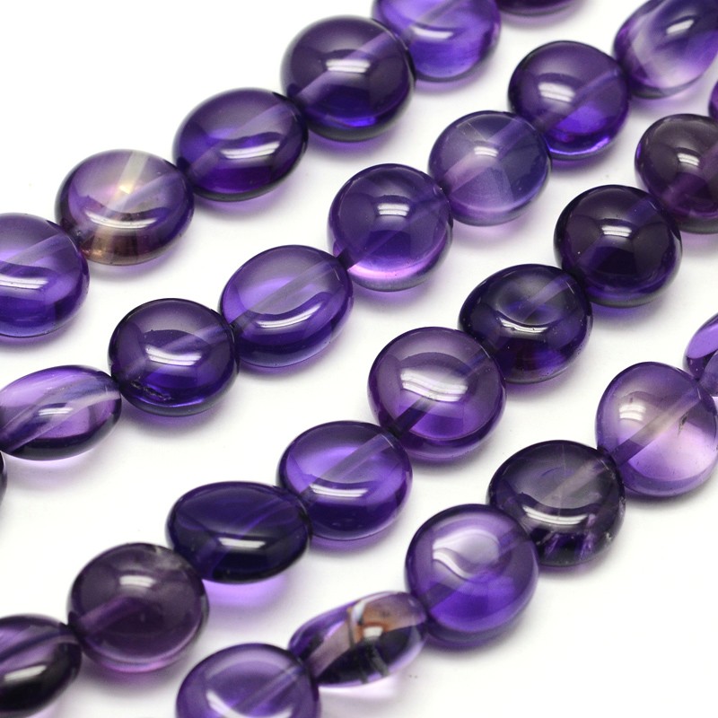 PandaHall Flat Round Natural Amethyst Beads Strands, 10~12x5~6mm, Hole: 1mm; about 35pcs/strand, 14.9" Amethyst Flat Round