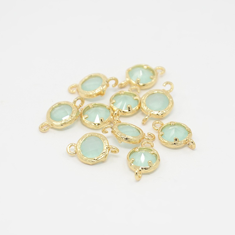 PandaHall Real Gold Plated Brass Glass Links, Faceted Flat Round, PaleTurquoise, 13x8x3.5mm, Hole: 1mm Glass Flat Round Cyan