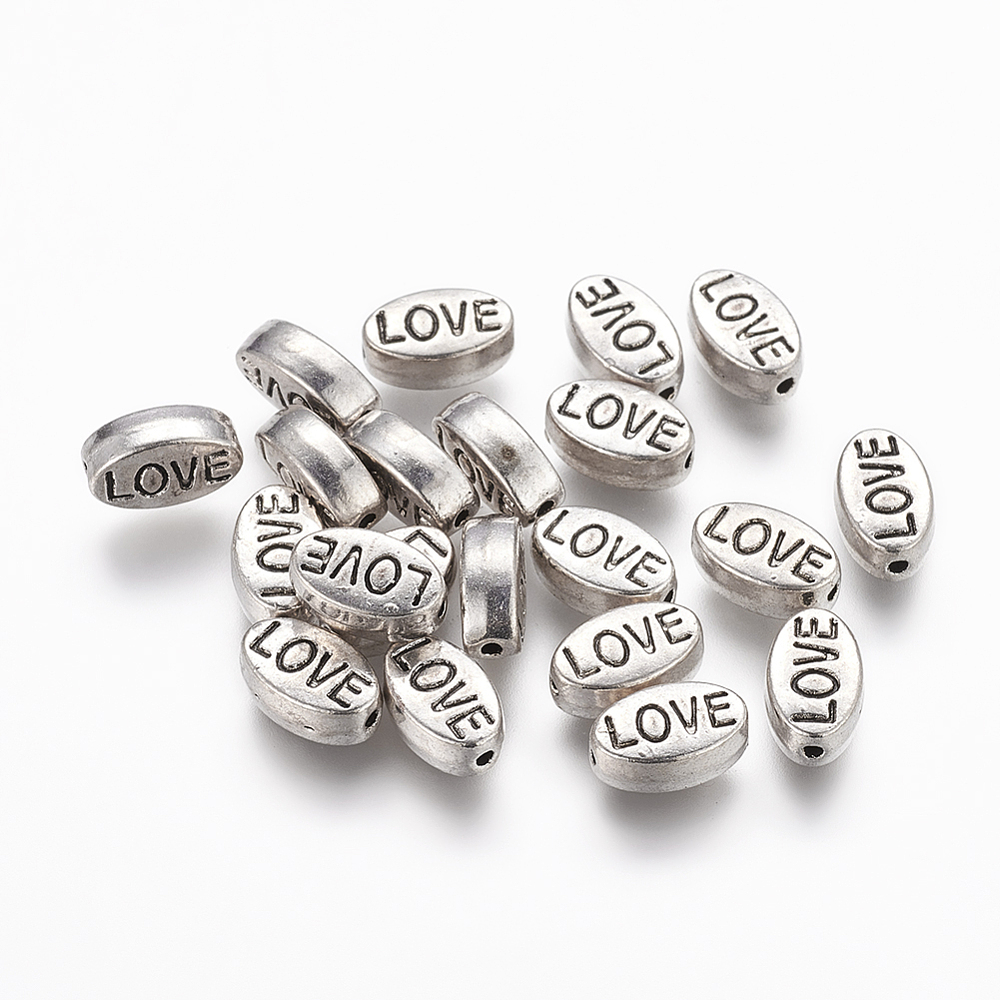 PandaHall Tibetan Style Beads, Oval with Word Love, Valentine's Day,  Nickel Free & Lead Free, Antique Silver, 10x6x4mm, Hole: 1mm Alloy...