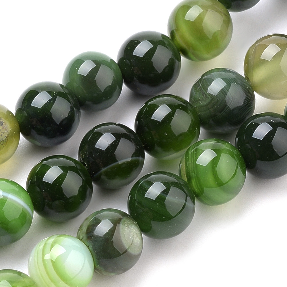 PandaHall Natural Striped Agate/Banded Agate Beads Strands, Dyed, Round, Green, 8mm, Hole: 1mm; about 50pcs/strand, 15.7" Banded Agate Round...
