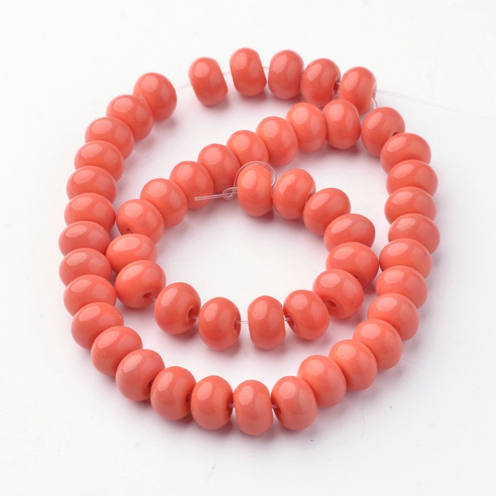 PandaHall Glass Beads Strands, Rondelle, Dyed, DarkSalmon, 8x5mm, Hole: 1mm; about 49pcs/strand, 10" Glass Rondelle Red