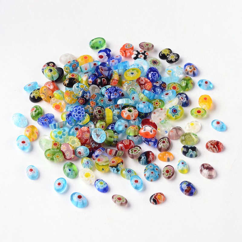 PandaHall Oval Millefiori Glass Cabochons, Mixed Color, 6~10x5~7x2~3mm; about 1057pcs/200g, 200g/bag Millefiori Lampwork Oval Multicolor
