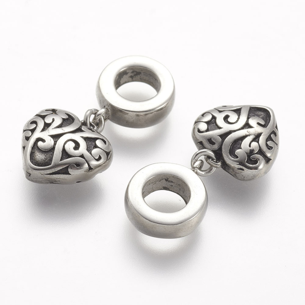 PandaHall 304 Stainless Steel European Dangle Pendants, Heart, Large Hole Pendants, Antique Silver, 25mm, Hole: 5mm Stainless Steel Heart