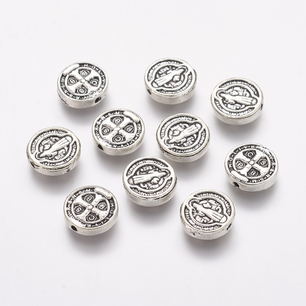 PandaHall Tibetan Style Beads, Lead Free, Flat Round and Saint Benedict Medal, Antique Silver, 10x2.5mm Alloy Flat Round