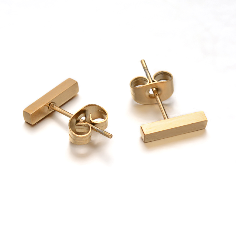 PandaHall Cuboid 304 Stainless Steel Stud Earrings, Golden, 10x2x1.8mm; Pin: 0.8mm Stainless Steel