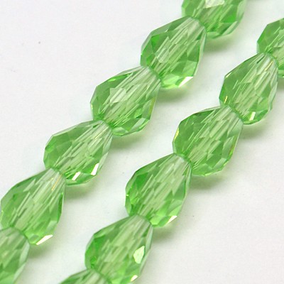 PandaHall Glass Beads Strands, Faceted, Drop, LimeGreen, 12x8mm; Hole: 1mm, about 60pcs/strand, 28.3" Glass Drop Green