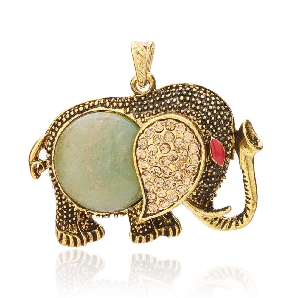 PandaHall Natural Green Aventurine Pendants, with Enamel and Brass Rhinestone Findings, Elephant, Antique Golden, 57x42x16mm, Hole: 5x7mm...