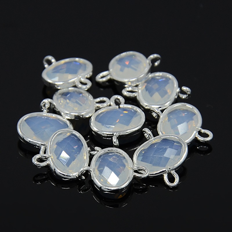 PandaHall Silver Tone Brass Glass Links, Faceted Oval, WhiteSmoke, 14x11x4mm, Hole: 1mm Glass Oval White