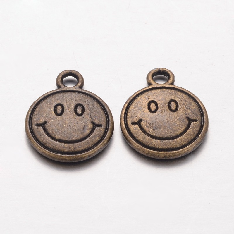 PandaHall Tibetan Style Pendants, Cadmium Free & Nickel Free & Lead Free, Flat Round Carved Smile Face, Antique Bronze, 15.5x12x2mm, Hole...