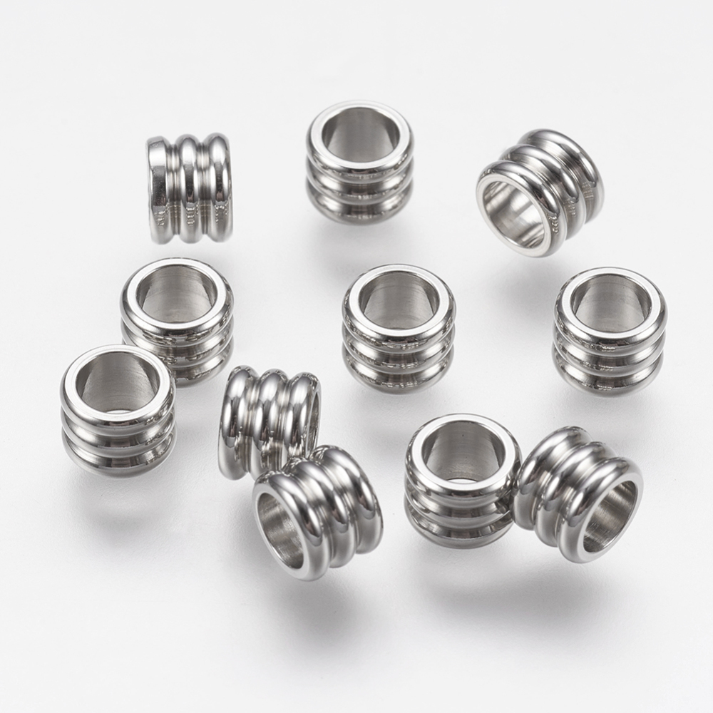 PandaHall 304 Stainless Steel Beads, Grooved Column, Stainless Steel Color, 6x4.5mm, Hole: 4mm Stainless Steel Column