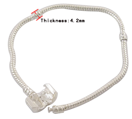 PandaHall Brass European Style Bracelets, with Love Sign Brass Clasps, Silver Color, about 18cm long, 3mm thick, clasp: 8mm long, 10mm wide...
